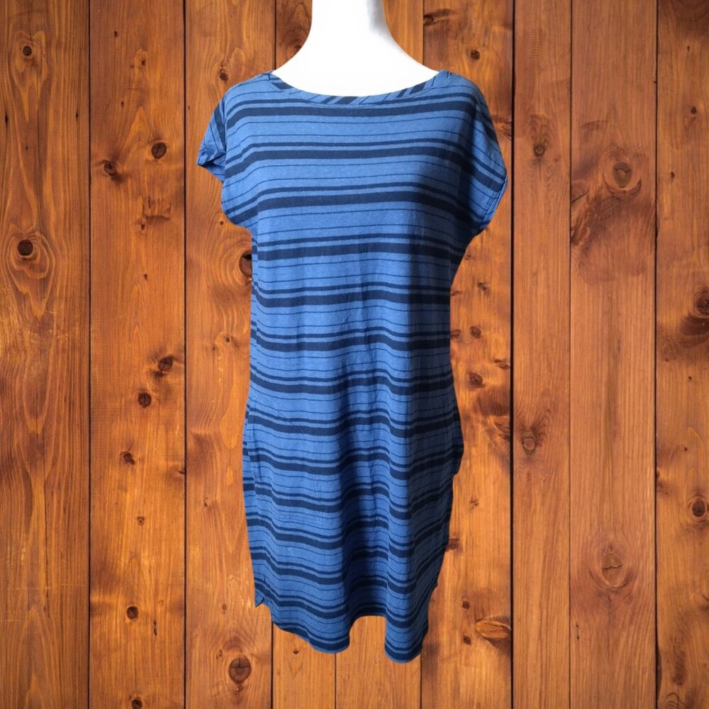 Prana Medium Blue Striped Boat Neck Short Sleeve Pockets Nautical Beach Pullover